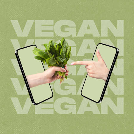 Contemporary art collage of two hands sticking out phone screen with spinach isolated over green backgroundの写真素材