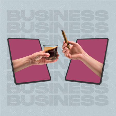 Contemporary art collage of two hands sticking out laptop screen with glass of drink and cigar isolated over gray backgroundの写真素材