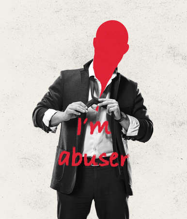 Contemporary artwork. Conceptual portrait of faceless man with words expressing a social issues and psychological problems.の写真素材