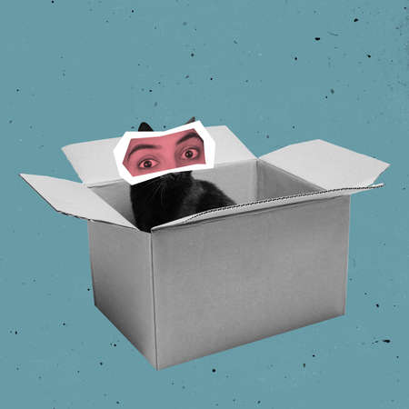 Contemporary art collage with fluffy cat with female eyes sitting into carton box isolated over blue background.の写真素材
