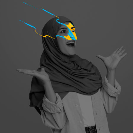 Conceptual portrait of young excited girl with bright colored spots on her face listening to music. Concept of ideas, dreams, imaginationの写真素材