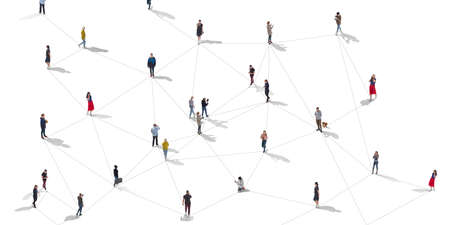 Aerial view of crowd people connected by lines, social media and communication conceptの写真素材