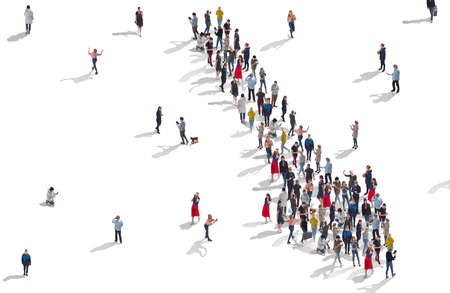 Aerial view of crowd of people standing in form of pointing arrow. Top view of men and women...