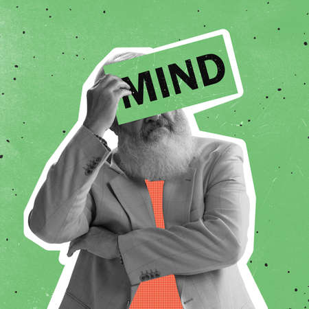 Contemporary art collage of thoughtful man with text eye element isolated over green backgroundの写真素材