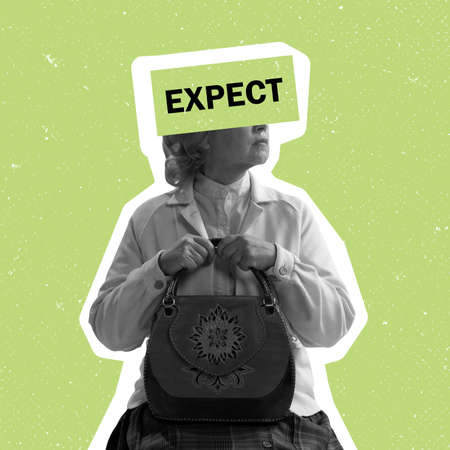Contemporary art collage of woman waiting for something isolated over green background. Expectations. Text eye elementの写真素材