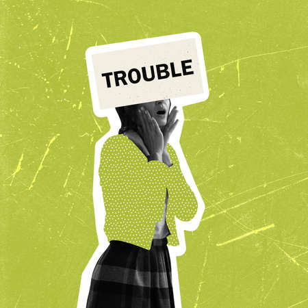 Contemporary art collage of woman with shocked expression having troubles isolated over green backgroundの写真素材