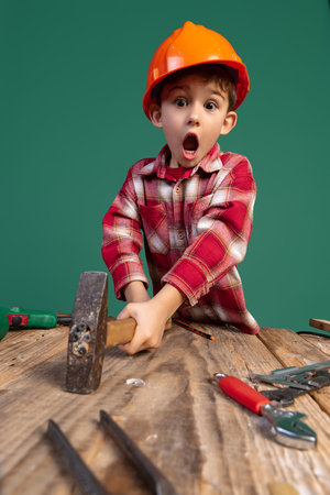 Portrait of cute little boy, kid in image of builder, designer in orange protective helmet using work tools isolated on green backgroundの写真素材