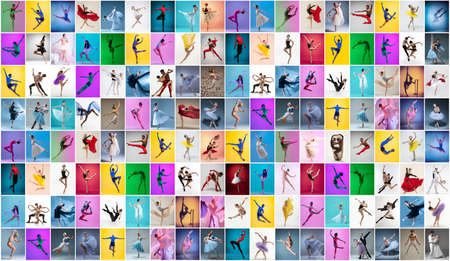 Collage made of portraits of female and male ballet dancers dancing isolated on multicolored background in neon light.の写真素材