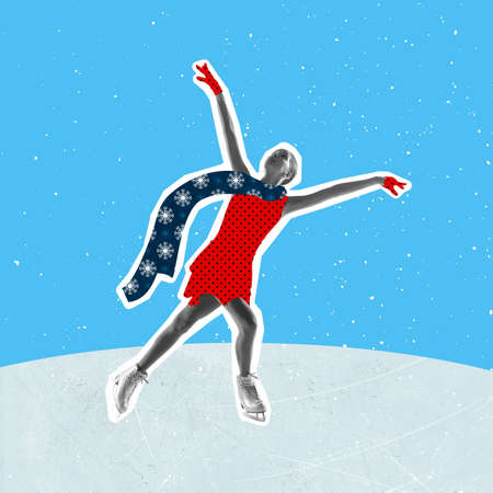 Young beautiful female skater ice skating. Modern design, contemporary art collage. Inspiration, idea, trendy urban magazine style.の写真素材