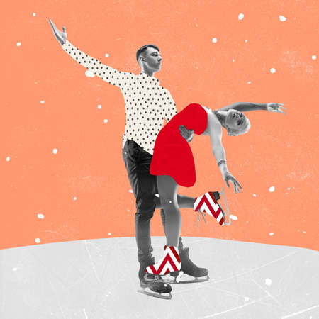 Modern design, contemporary art collage. Inspiration, idea, trendy urban magazine style. Young pair of skaters ice skating. Winter sportの写真素材