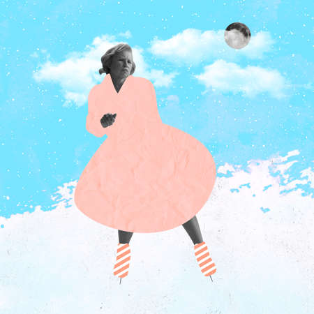 Modern design, contemporary art collage. Inspiration, idea, trendy urban magazine style. Middle-aged romantic woman in warm winter clothes ice skatingの写真素材