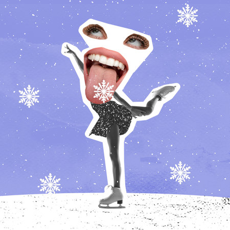 Contemporary art collage. Inspiration, idea, magazine style. Young girl headed of female mouth and eyes ice skating. Surrealismの写真素材