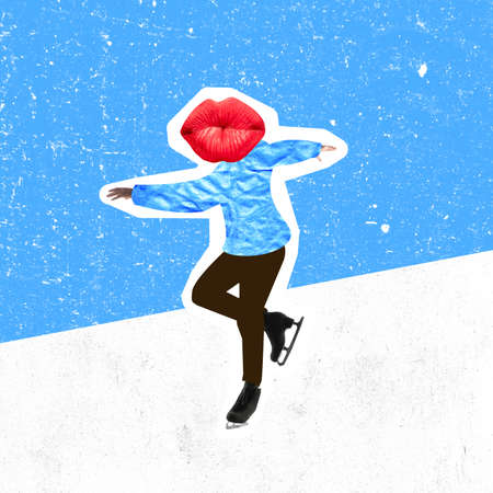 Young male skater headed of juicy female lips ice skating isolated on bright abstract background. Contemporary art collage.の写真素材