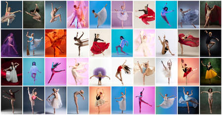 Art collage made of portraits of 1 female ballet dancer, ballerina in different images dancing isolated on multicolored background in neon light.の写真素材