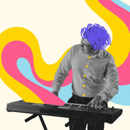 Contemporary art collage, modern design. Retro style. Stylish performer playing piano on vibrant color backgroundの写真素材