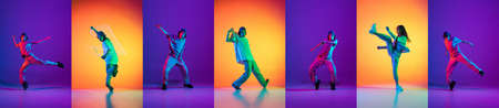 Collage made with images of break dance or hip hop dancer in action, motion isolated over...