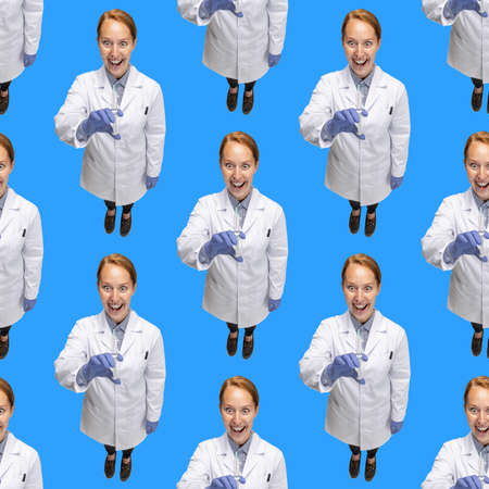 Top view. Conceptual seamless pattern with female doctor standing isolated on blue background. Concept of healthcare, medicineの写真素材