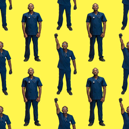 Top view of young doctor, medical advisor isolated on yellow background. Pattern. Concept of healthcare, medicine and humor.の写真素材