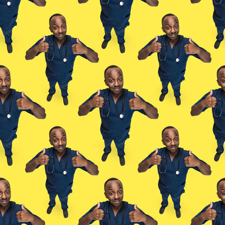 Seamless pattern with young doctor, medical advisor isolated on yellow background. Concept of healthcare, medicine and humor.の写真素材