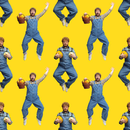 Pattern made with images of funny young man, farmer with vegetables standing isolated over yellow studio background.の写真素材