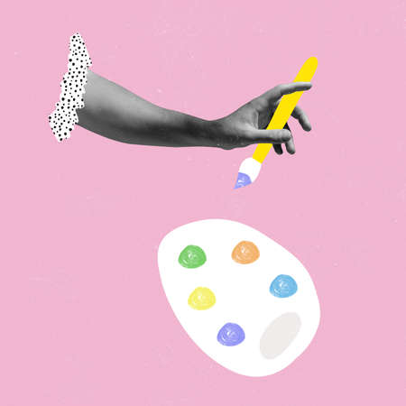 Hand with watercolors on light background, artwork. Concept of human relation, community, togetherness, symbolism, surrealism.の写真素材