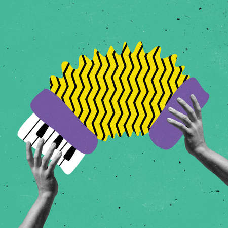 Hands aesthetic playing accordion on green background, artwork. Concept of music, surrealism, minimalismの写真素材
