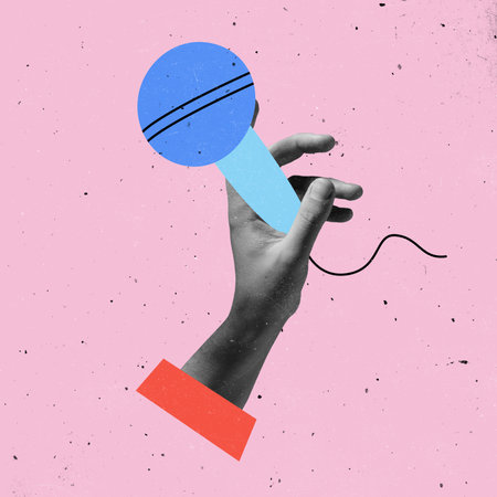 Hands aesthetic with drawn microphone on light background, artwork. Concept of human relation, community, togetherness, symbolism, surrealism.の写真素材