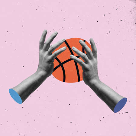 Hands aesthetic holding basketball ball on light background, artwork. Concept of sport, active lifestyle, symbolism, surrealism.の写真素材