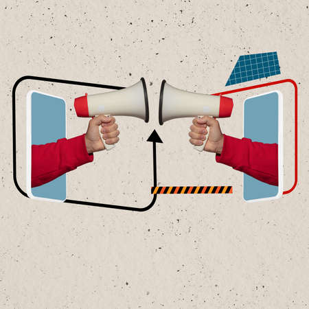 Contemporary art collage of hands sticking out tablet screen with megaphone isolated over light...