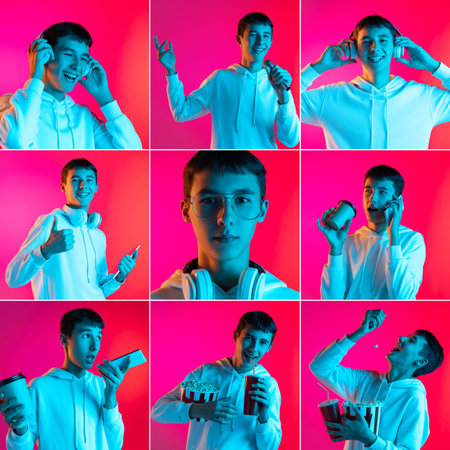 Set of images of one young man, student isolated on red background in neon light. Square composition. Poster.の写真素材