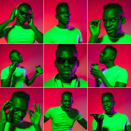 Set of portraits of one young dark skinned man isolated on red background in neon light. Square composition. Poster.の写真素材