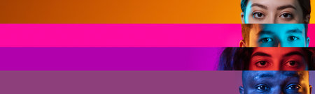 Collage of close-up male and female eyes of multi ethnic people isolated on colored neon backgorund. Multicolored stripes.の写真素材