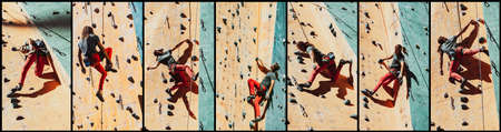 Set of images of young man professional rock climber practicing at training center in sunny day, outdoors. Concept of healthy lifestyle, tourism, nature, motion.の写真素材