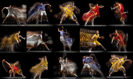 Collage of images of professional basketball and tennis player in motion isolated on dark background with stroboscoper effect.の写真素材