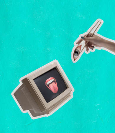 Contemporary art collage of retro computer with female mouth on screen and sushi eye isolated over...