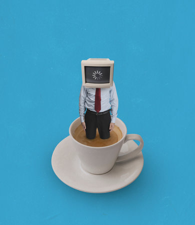 Contemporary art collage of male worker in a suit standing in coffee cup with retro computer head...