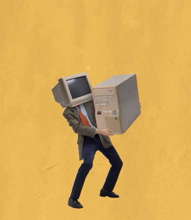 Contemporary art collage of man with retro computer head carrying heavy system unit isolated over yellow backgroundの写真素材