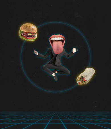Creative artwork of jumping woman, office worker with female mouth head isolated over dark background. Junk foodの写真素材