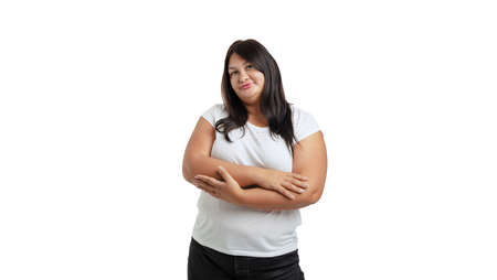 Half-length portrait of woman without make-up in casual clothes style looking at camera isolated on...