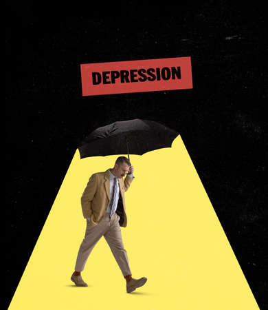 Contemporary art collage, modern design. Inspiration, ideas, trendy magazine style. Young man walking with umbrella. Surrealismの写真素材