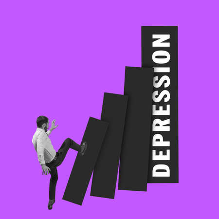 Man breaks psychological barriers on his way. Contemporary art collage, modern design. Inspiration,...