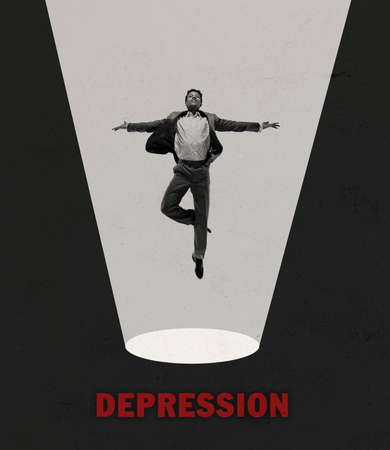 Contemporary art collage, modern design. Inspiration, ideas, trendy magazine style. Man flying. Surrealismの写真素材