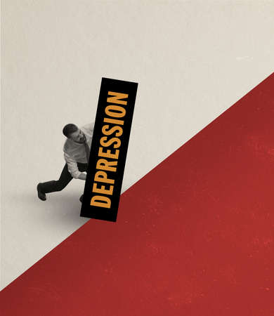 Man breaks psychological barriers on his way. Contemporary art collage, modern design. Inspiration, ideasの写真素材