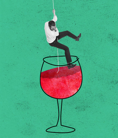 Modern design, contemporary art collage. Inspiration, idea, trendy urban magazine style. Man climbs down into glass of wine using ropeの写真素材