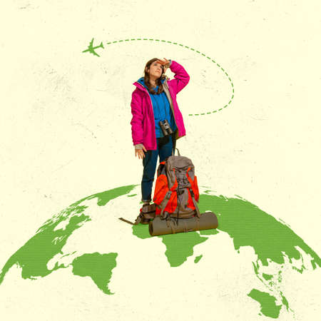 Modern design, contemporary art collage. Young woman, traveler with tourist equipment standing on...