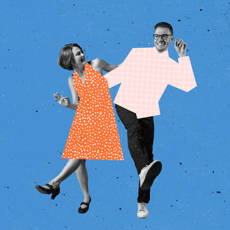 Young couple of dancers dressed in 70s, 80s fashion style dancing rock-and-roll on blue background with drawings.の写真素材