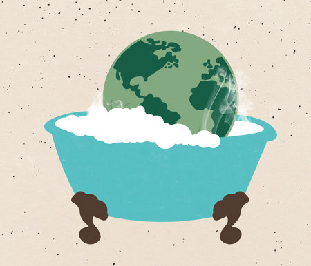 Contemporary art collage, modern creative design. Idea, inspiration, saving environment, ecology, eco. Planet Earth in bathtub.の写真素材