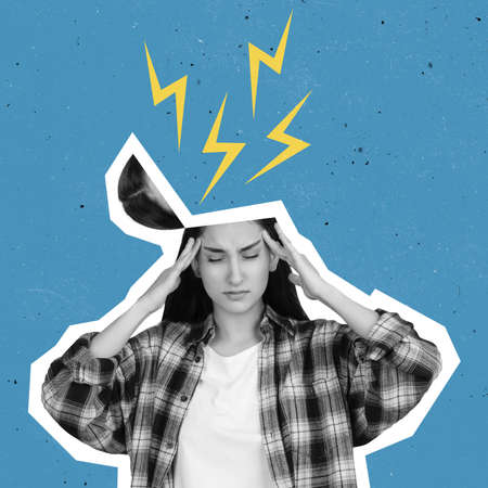Contemporary artwork. Inspiration, idea, trendy urban magazine style. Girls head splits from...