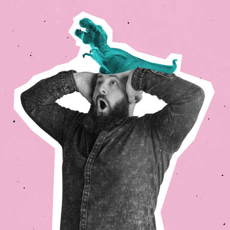 Shocked young man with toy dinosaur in his head. Contemporary modern art. Inspiration, idea, trendy...