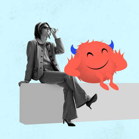 Dreaming young girl and cute drawn cartoon little man-blot on light blue background. Contemporary...